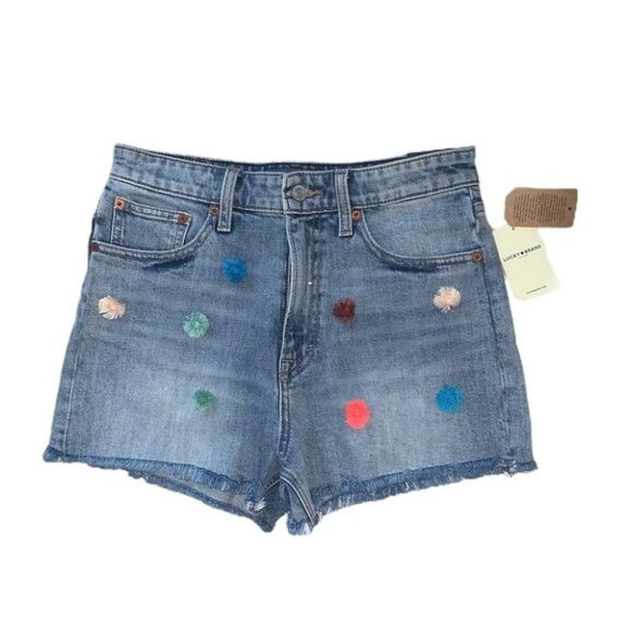 Lucky Brand Jean Shorts Size 28 Blue Denim Multicolour Pompoms Lucky‎ Pins NWT - Picture 1 of 13